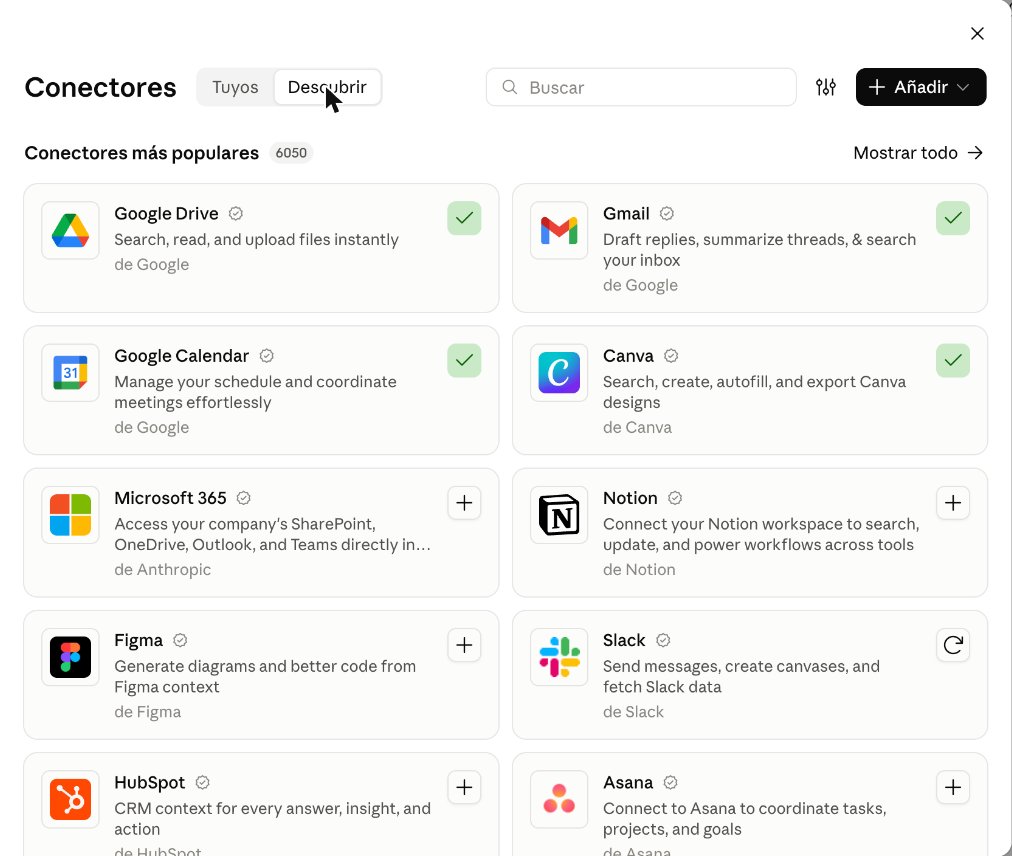 Directorio de conectores de Claude con Google Drive, Gmail, Google Calendar, Canva, Microsoft 365, Notion, Figma, Slack, HubSpot y Asana