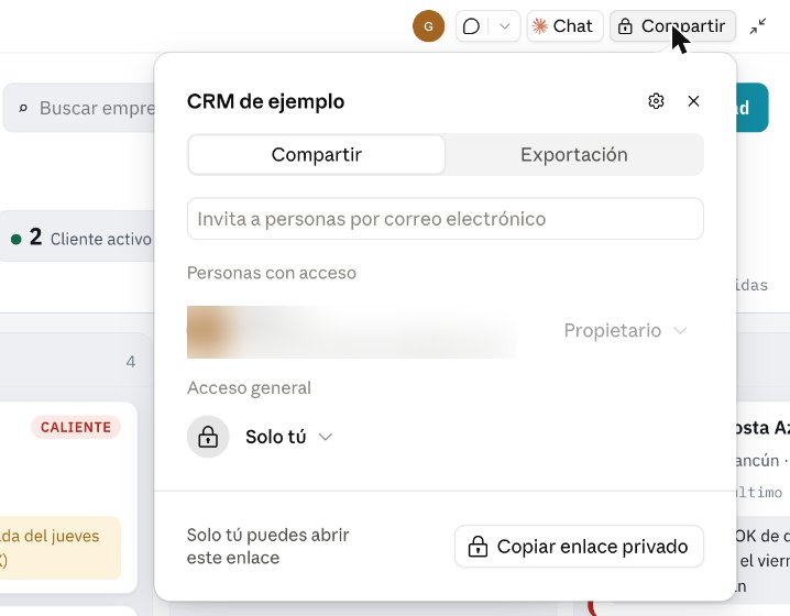 Diálogo de compartir de un artifact en Claude: invitar por email, personas con acceso, acceso general «Solo tú» y botón de copiar enlace privado