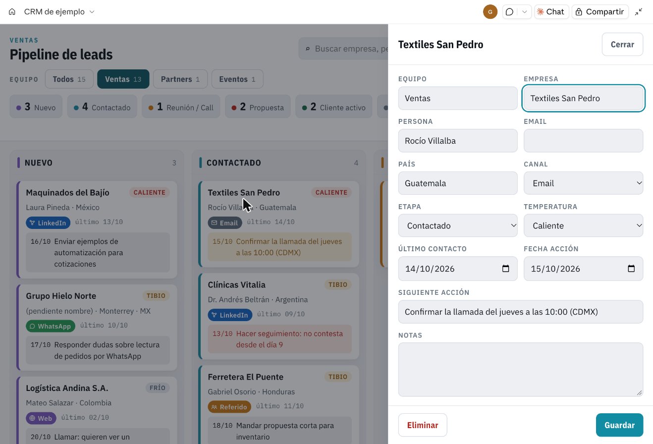 Ficha lateral de un lead dentro del CRM en Claude con los campos equipo, empresa, persona, email, país, canal, etapa, temperatura, fechas, siguiente acción y notas