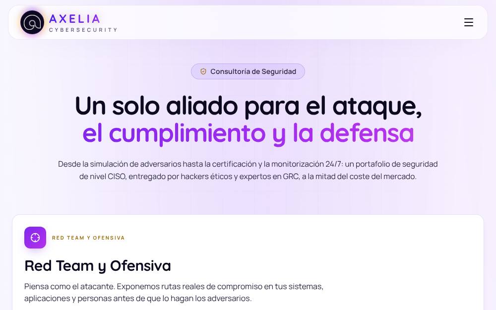 Portada de la web de Axelia Cybersecurity